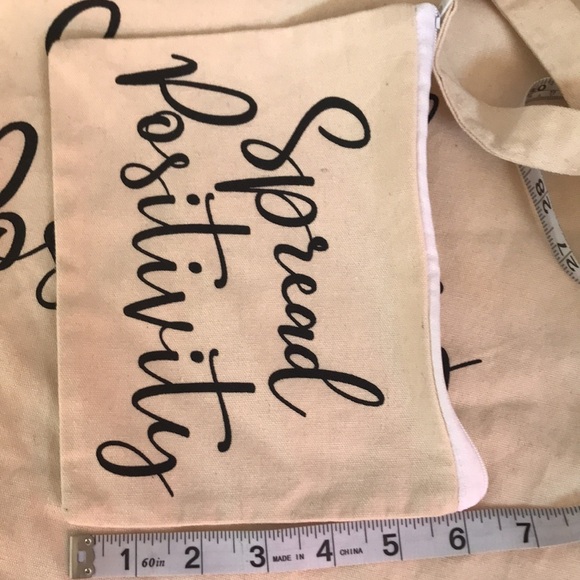 NWOT cream lightweight canvas tote & cosmetic/change bag duo. Spread positivity - Picture 7 of 10